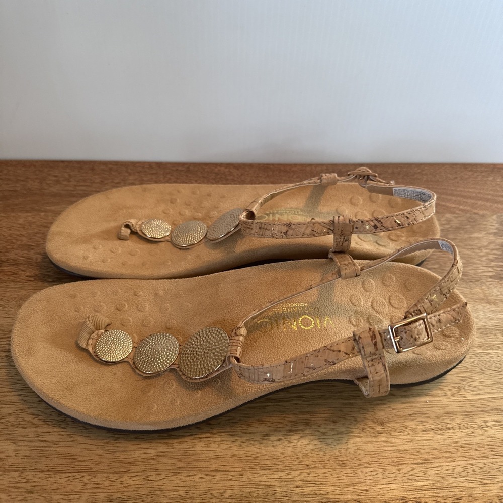 Vionic Lizbeth Sandal Women 10 Gold Cork Leather Orthotic Comfort T-Strap Buckle - Picture 8 of 13